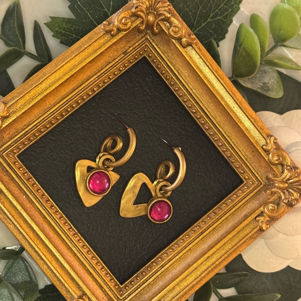 VTG French Gold Swirl Pink Cabochon Hoop Earrings - Picture 4 of 8